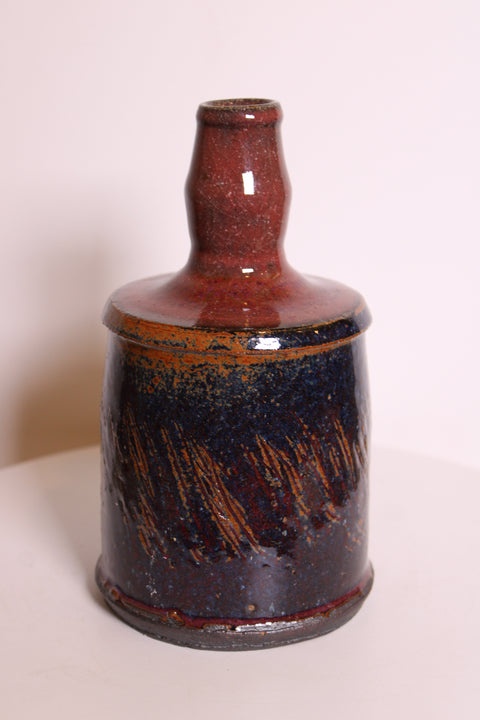 Blue and Red Signed Studio Pottery Bottle
