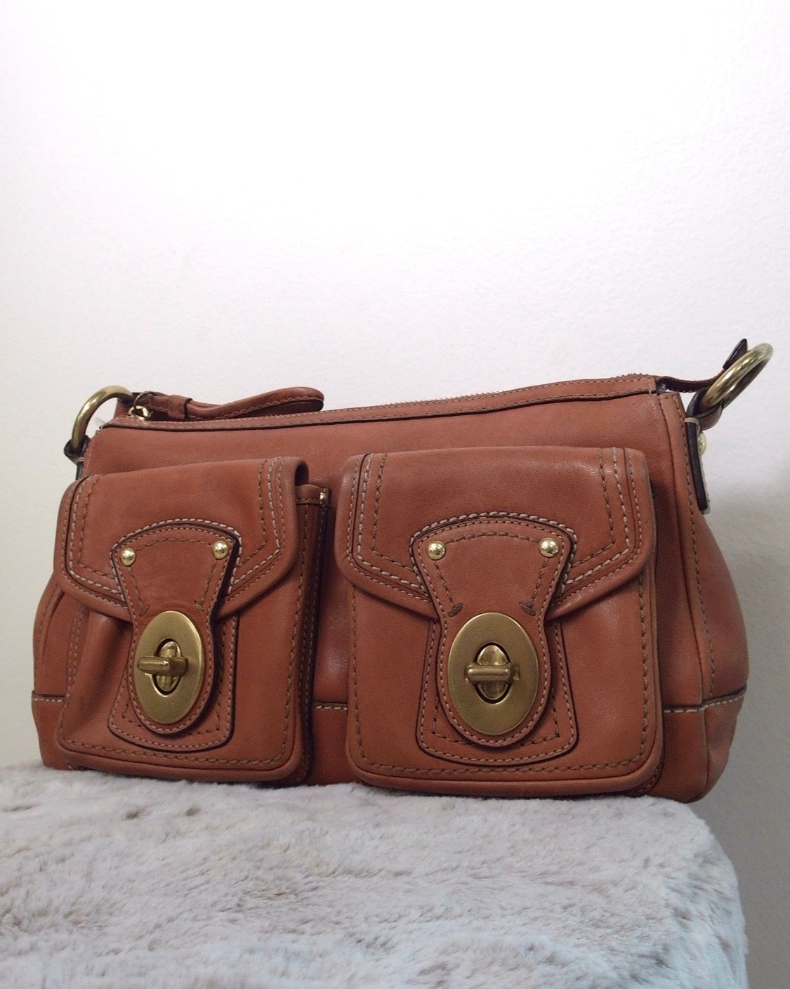 Pre Owned Coach Legacy 65th Anniversary Double Pocket Shoulder Bag #10328 | Cognac Saddle Brown Leather (Vintage Y2K)