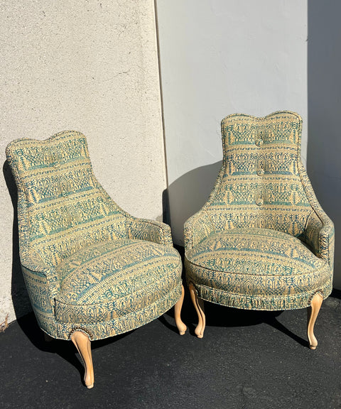 Vintage Pair of 1970s Mid-Century Regency Batik Fabric Chairs