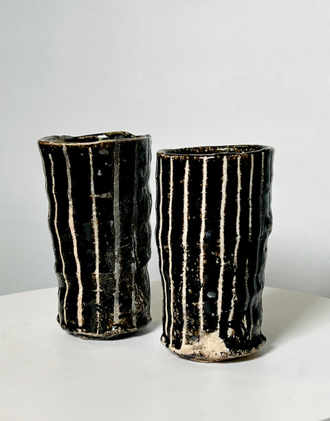 Pair of Black/White Striped Studio Pottery Cups
