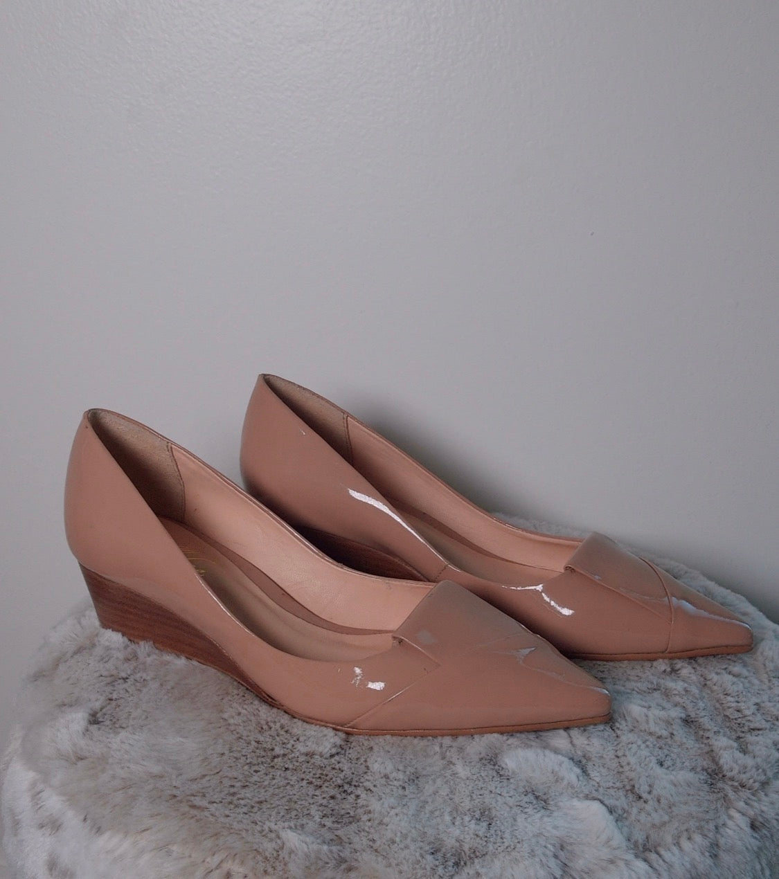 Pre Owned Tilly B Nude Patent Leather Wedge Heels | Pointed Toe Slip-On Pumps | Minimal Everyday Shoes
