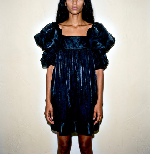 Short Black Puff Sleeve Satin Dress