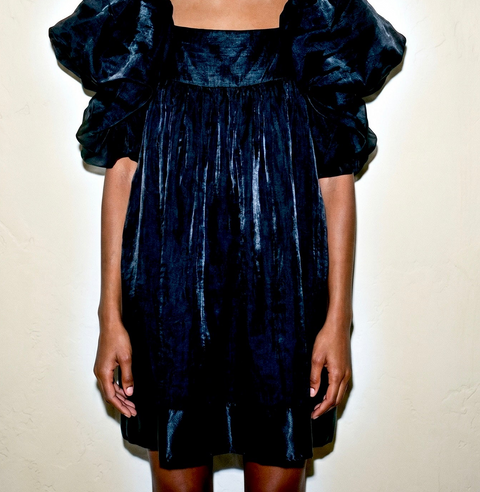 Short Black Puff Sleeve Satin Dress