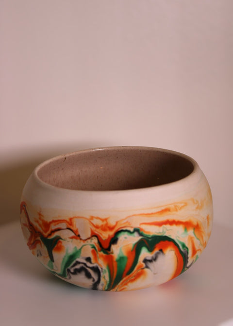 Vintage Nemadji Pottery Abstract Marble Bowl Green Orange Black Swirl