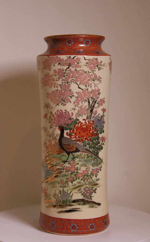 Vintage Japanese Peacock and Floral Porcelain Cylinder Vase Made in Japan