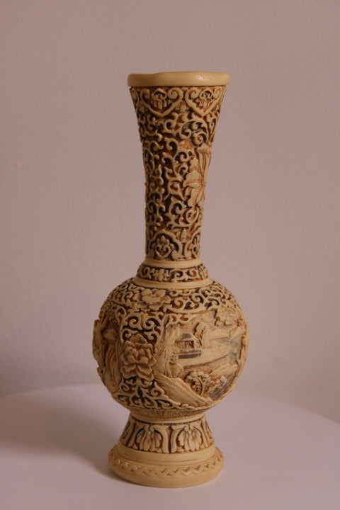 Intricately Carved Faux Ivory Scenic Vase
