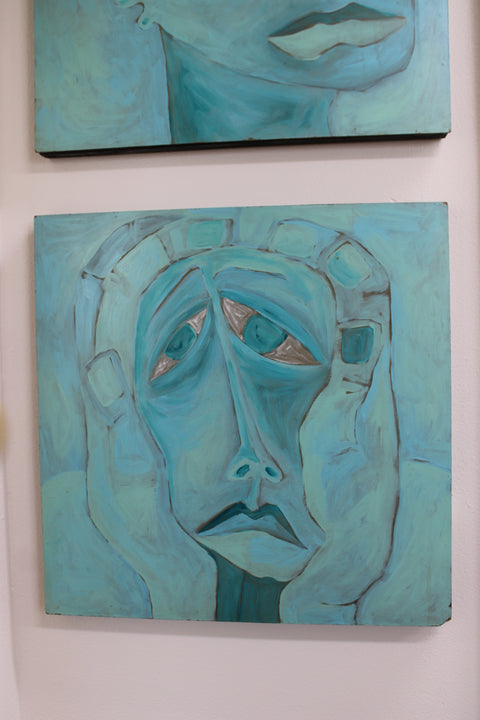 Teal Expressionist Face with Hands Painting
