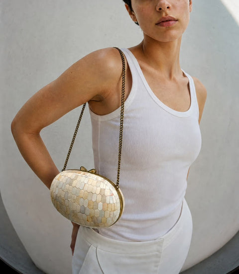 Pearlescent Mother of Pear Shell Mosaic Oval Evening Bag