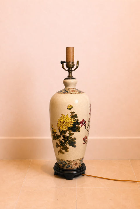 Vintage Japanese Crackle Glaze Porcelain Table Lamp with Chrysanthemum & Plum Blossom Motif
