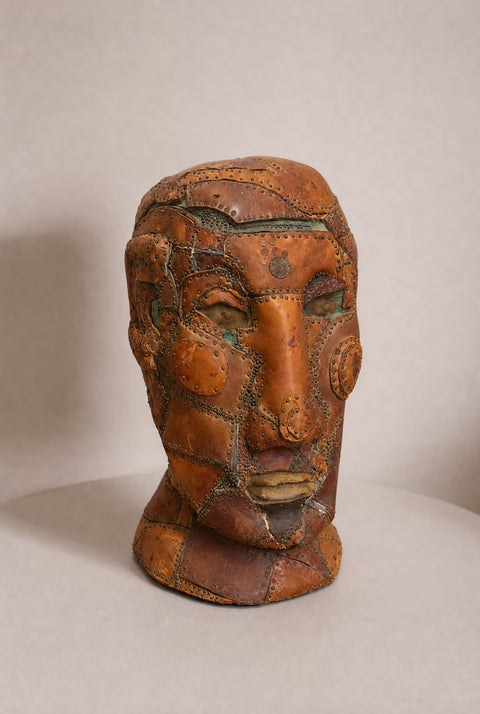 Vintage Patchwork Leather Bust Sculpture | Handcrafted Decorative Head