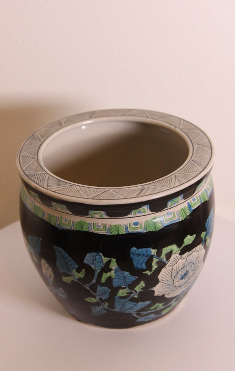 Art Deco Floral Black Pottery Planter