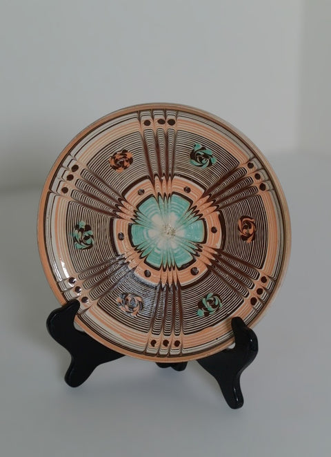Vintage Hand-Painted Geometric Folk Art Pottery Plate