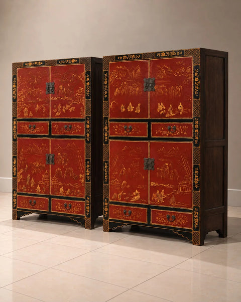 Pair of Red Antique Chinese Lacquer Chinoiserie Cabinets with Gilt Decoration
