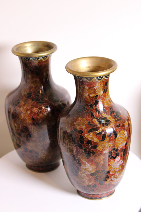 Pair of Vintage Cloisonné Floral Vases