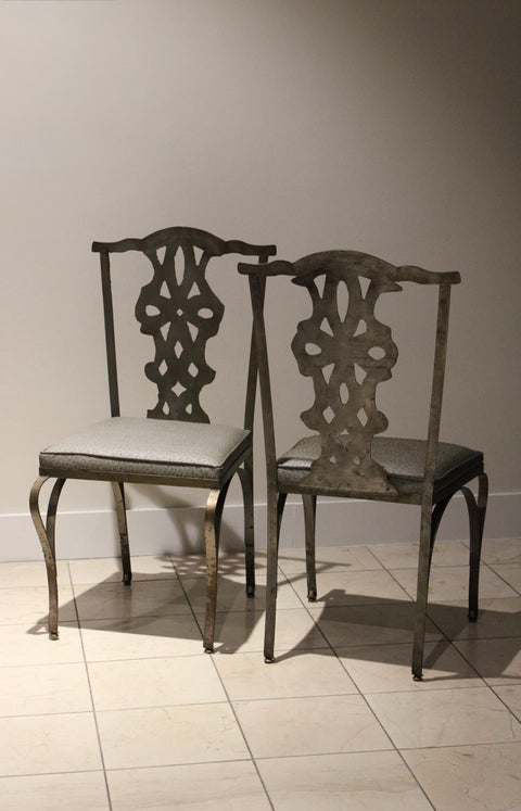 Pair of Chippendale Style Verdigris Iron Garden Chairs