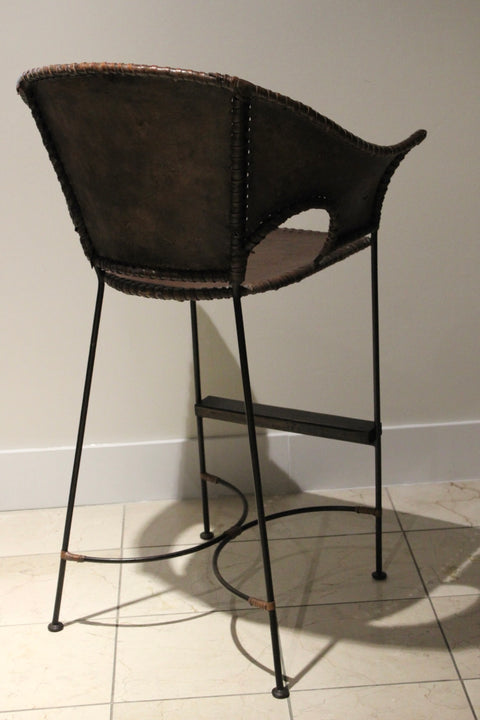 Set of 3 Vintage Leather & Iron Counter Stools | Rustic Modern Bar Seating