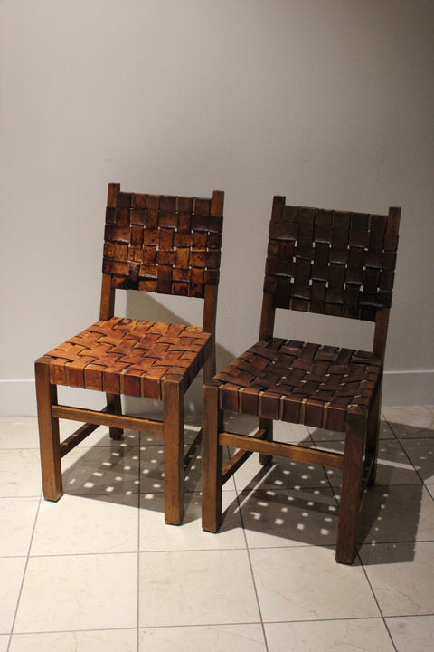 Vintage Spanish Revival Leather Strap Dining Chairs | Set of Four Brutalist Chairs