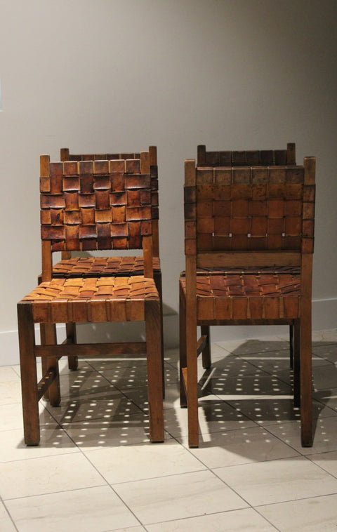 Vintage Spanish Revival Leather Strap Dining Chairs | Set of Four Brutalist Chairs