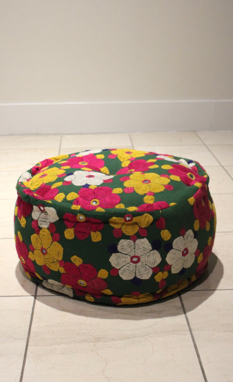 Vintage Hand Embroidered Floral Pouf Ottoman | Bohemian Floor Cushion | Textile Accent Seating