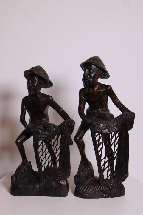 Hand Carved Wood Fishermen Sculpture