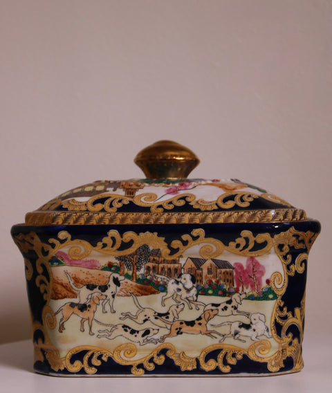 Vintage Black and Gold Porcelain Covered Box with Dog Scene