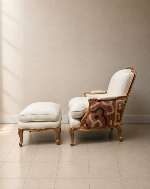 Vintage Reupholstered Kuba Cloth Chair + Ottoman