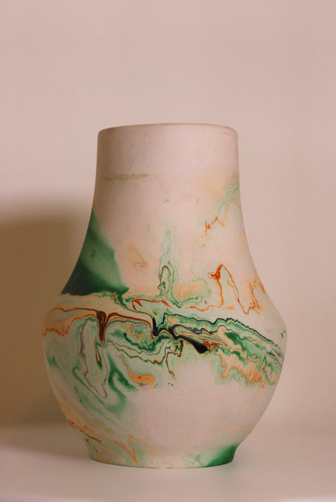 Vintage Nemadji Pottery Tall Bottle Vase Green Marble Swirl Clay