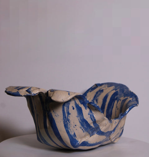 Folded Sculptural Blue Striped Ceramic Bowl