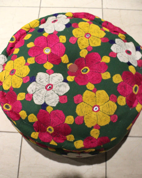 Vintage Hand Embroidered Floral Pouf Ottoman | Bohemian Floor Cushion | Textile Accent Seating