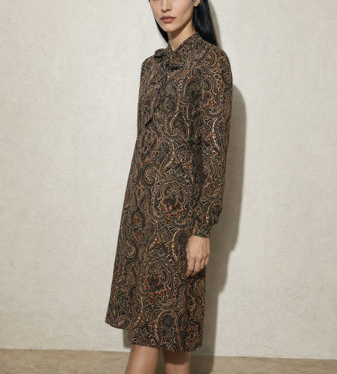 Crossing Pointe Brown Paisley Long-Sleeve Dress