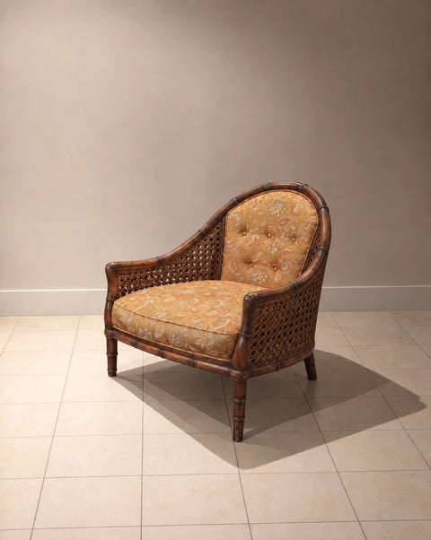 Vintage Cane-Side Barrel Armchair with Gold Floral Upholstery