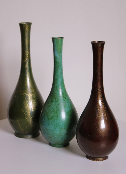 Set of Three Vintage Patinated Metal Bud Vases Green Turquoise Brown