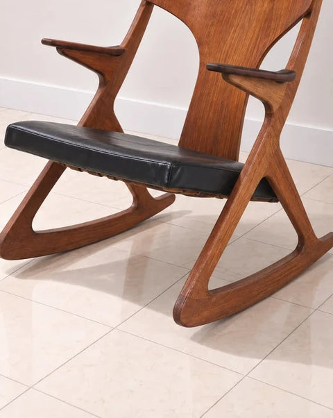 Danish Modern Sculptural Wood Rocking Chair with Black Leather Seat