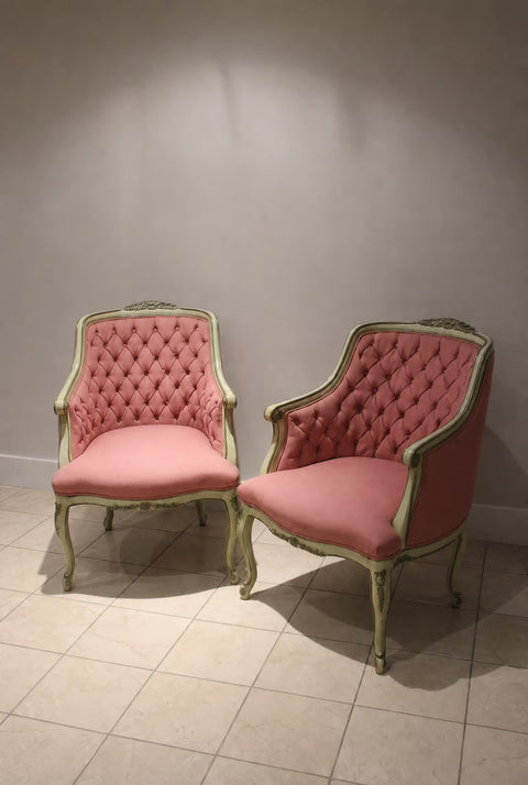 Vintage French Provincial Pink Tufted Parlor Chairs (Pair) | Hollywood Regency Accent Chairs
