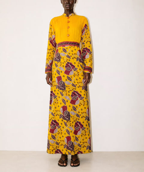 Vintage Yellow Floral Print Maxi Dress | 1970s Bohemian Long Sleeve Dress