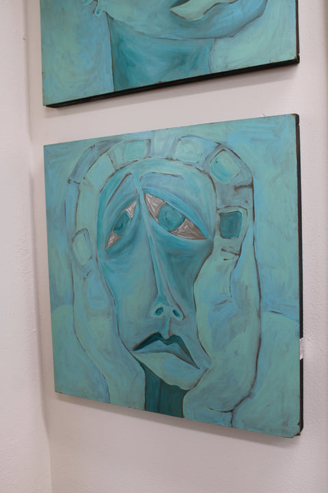 Teal Expressionist Face with Hands Painting