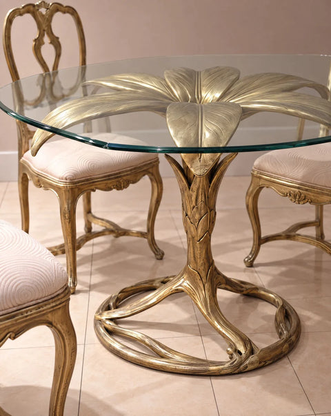 Vintage Drexel Gilt Lily Glass-Top Dining Table and Four Chairs