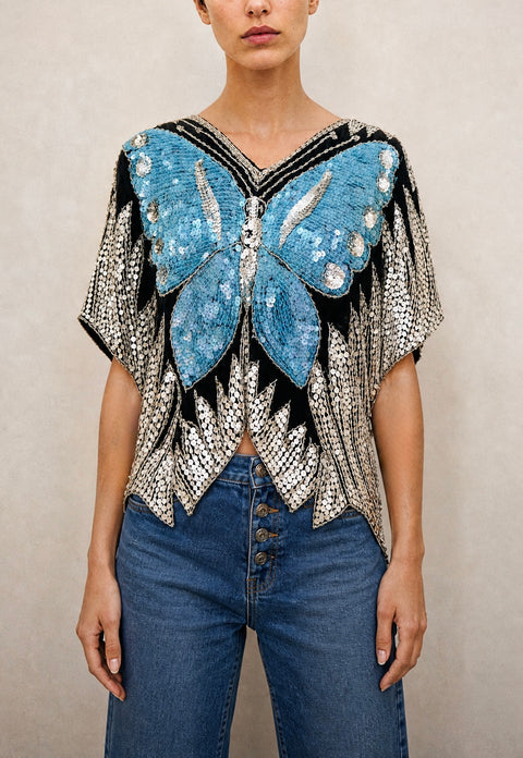 Blue Butterfly Sequin Top