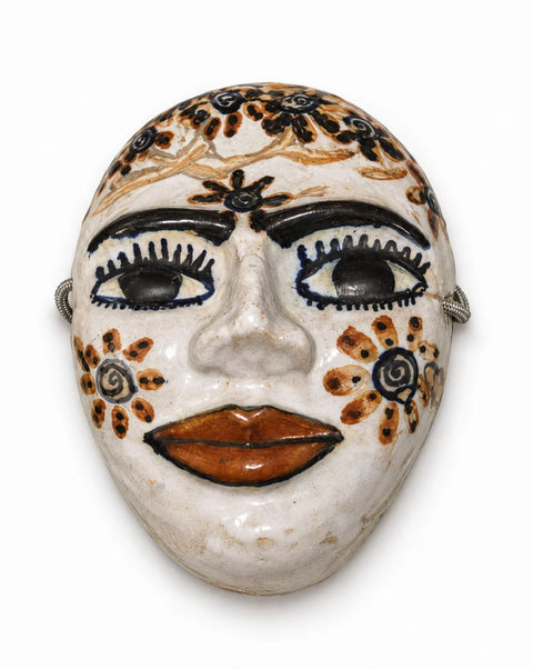 Hand-Painted Floral Folk Art Ceramic Face Mask Wall Decor