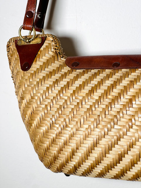 Woven Straw Crescent Shoulder Bag with Brown Trim