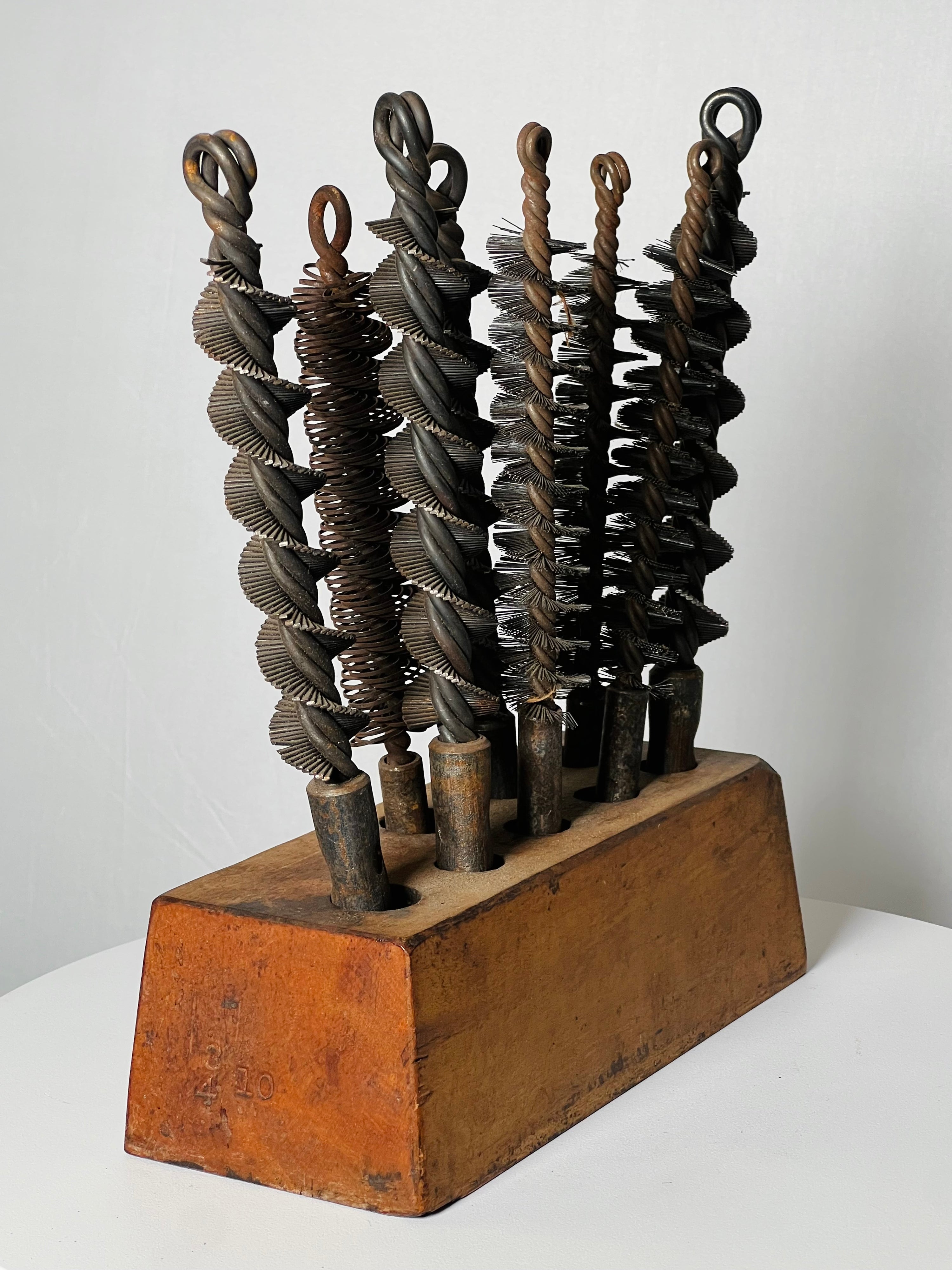 Antique Lathed Turned Wood Drill Holder & Bits (Vintage)