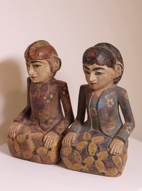 Pair Seated Antique Javanese Folk Art Floral Carved Figures