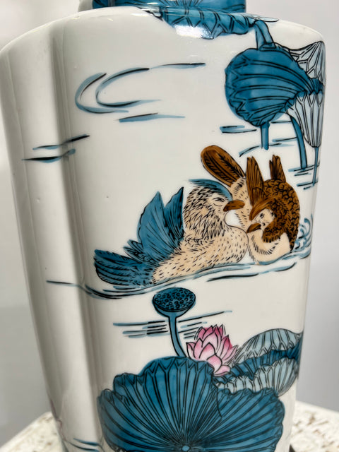 Vintage Knob Creek Chinoiserie Porcelain Table Lamp with Lotus Motif
