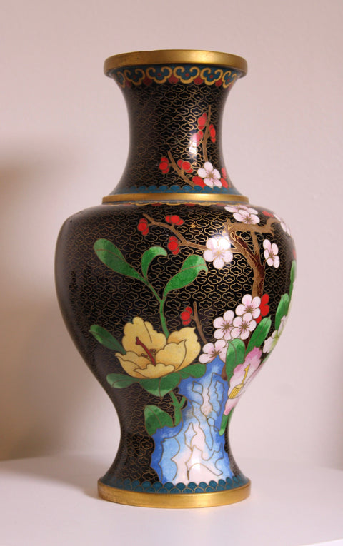 Vintage Chinese Cloisonné Black Floral Vase