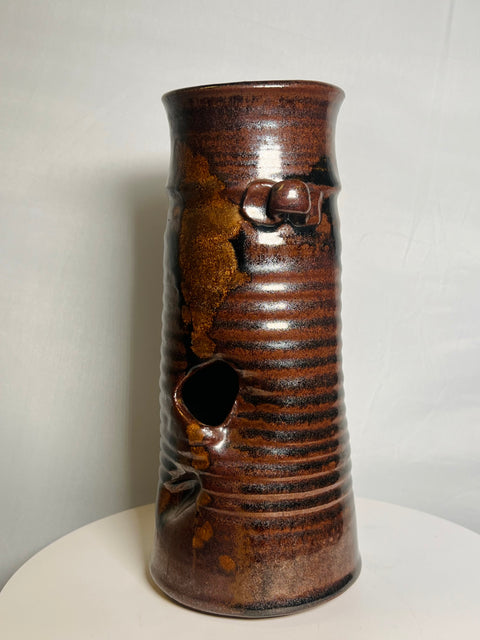 Signed Brown Glazed Clay Vase