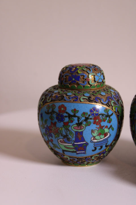 Vintage Chinese Cloisonné Mini Ginger Jar Pair