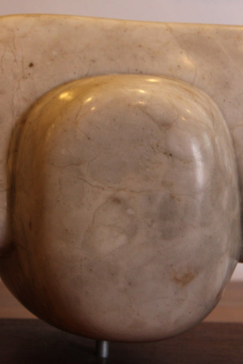 Close-up of veining and markings on the sculpture's rounded marble element