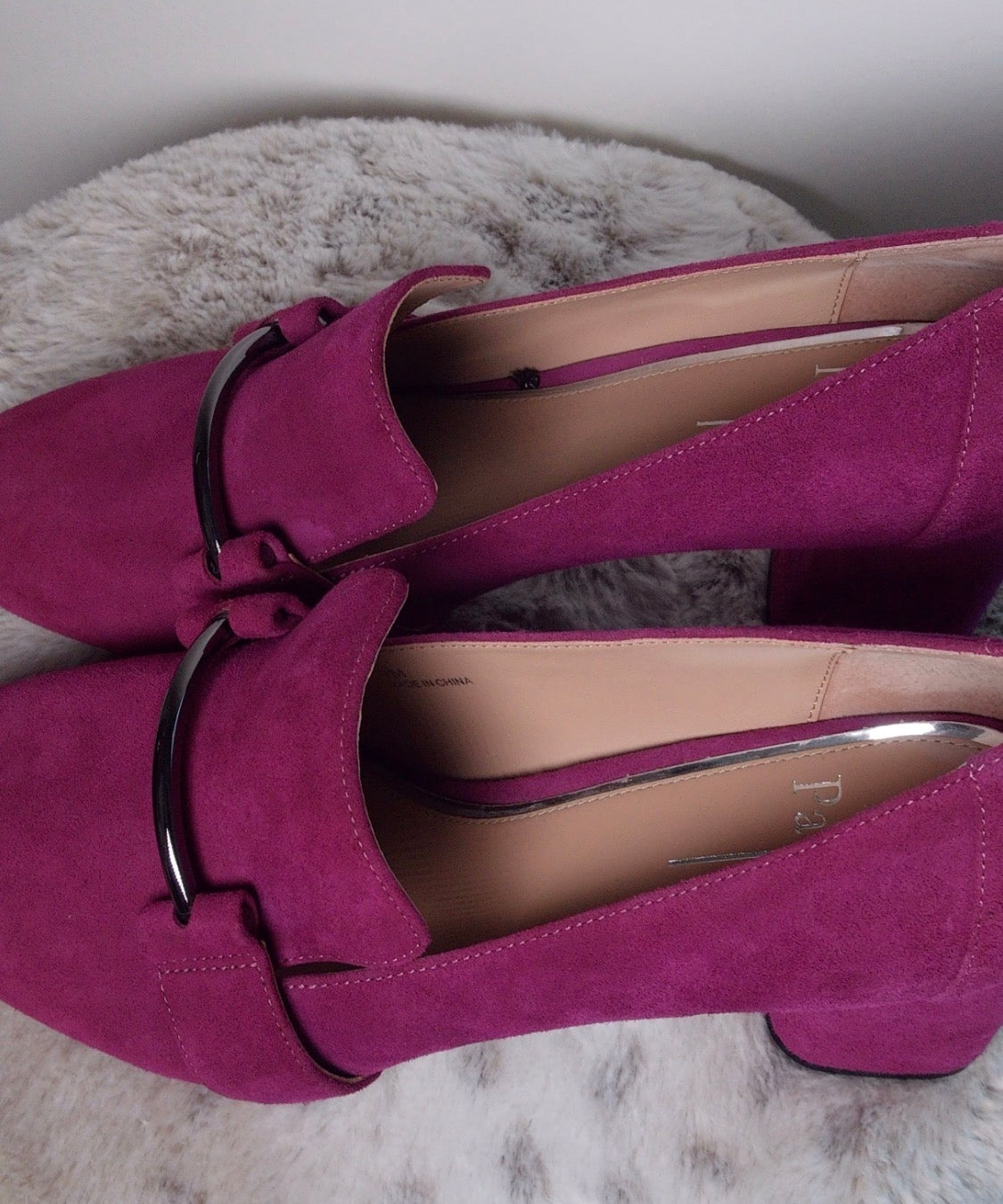 Pre Owned Tinea Prolo Purple Suede Block Heel Loafers | Structured Square Toe Pumps | Minimal Statement Heels