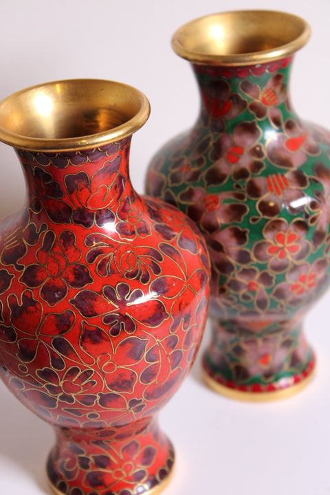 Pair of Vintage Chinese Cloisonné Floral Vase – Emerald Green Enamel