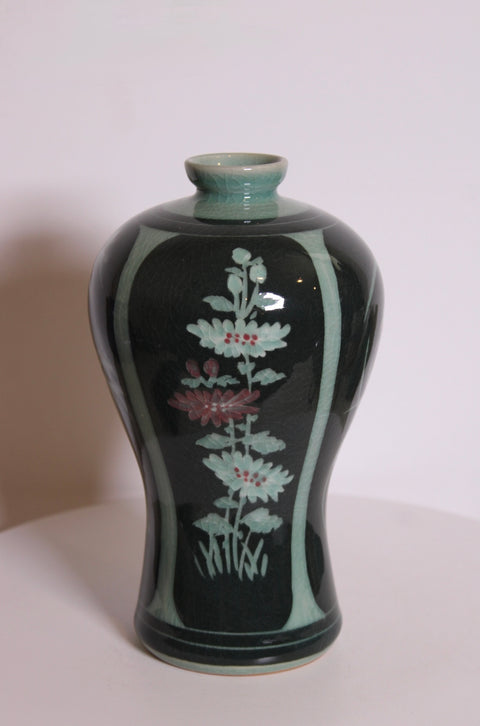 Vintage Korean Celadon Four Seasons Inlaid Floral Vase